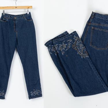 Vintage Y2K Beaded Ankle Jeans - Petite XS | Embellised Tapered Leg High Waist Mom Jeans 