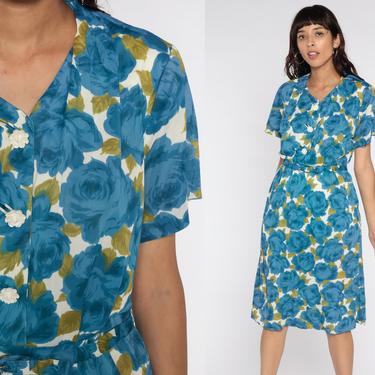 60s Floral Dress Blue Day Dress Shirtwaist Dress Midi 1960s Shirtdress Button Up Dress Toni Todd Pencil Vintage Short Sleeve Shirt Large by ShopExile