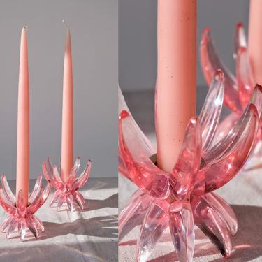 Vintage 50s Pink Lucite Candlestick Holder Pair w/ Mid Century Design | Made in Western Germany | 1950s Candle Holder Set 