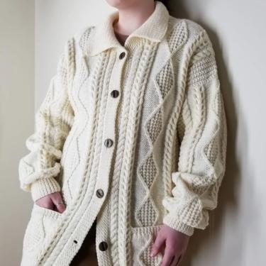 Vintage Fishermans Sweater, Extra Large / Chunky Knit Cardigan Sweater / Neutral Ivory Cable Knit Sweater / Hand Knit Oversized Sweater 