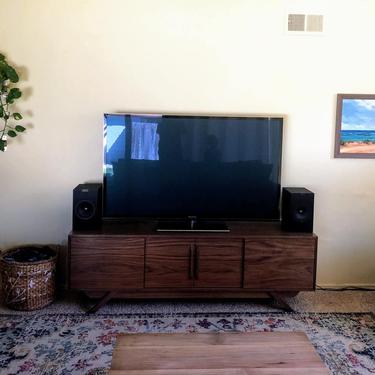 NEW Hand Built Mid Century Style TV Stand / Buffet / Credenza. Low Profile Walnut 4 door w/ Angled Leg Base! 