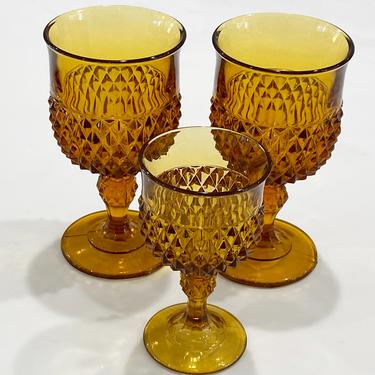 3 Amber Indiana Glass Diamond Point Vintage Footed Stem Water and Wine Goblets 