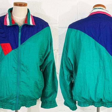 Vintage Windbreaker Jacket 1990s Nylon Teal Green Pink Blue Shell Hipster Coat Rock Creek Casuals 90s XXL XL Large 