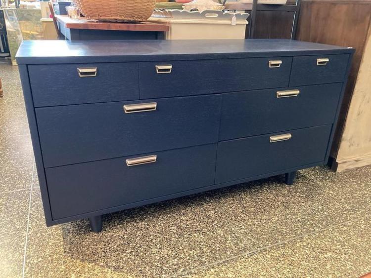 Blue painted MCM low boy dresser. Stanley furniture company. 52” long x 18” deep, x 27” tall.