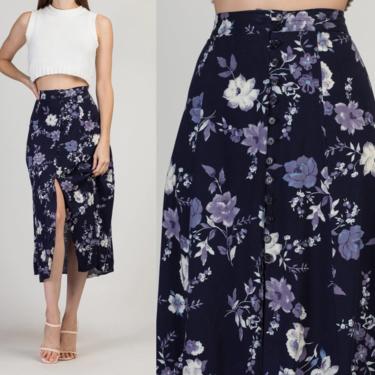 90s Blue Floral Grunge Midi Skirt - Medium to Large | Vintage High Waist Button Up Front Slit Boho Skirt 