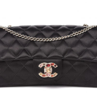 Vintage 90s CHANEL CC Logo Embellished Turnlock Classic Flap Black Satin Matelasse Quilted Handbag Shoulder Purse Clutch Evening Bag 