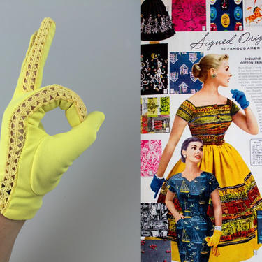 Signed Originals - Vintage 1950s 1960s Bright Yellow Crochet Fingers Short Gloves - 7 