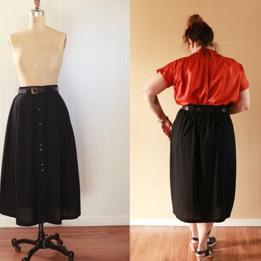 70s belted black high waist skirt // adam &amp; yves skirt with belt // lightweight maxi skirt // vintage womens clothing 24 25 26 27 waist 