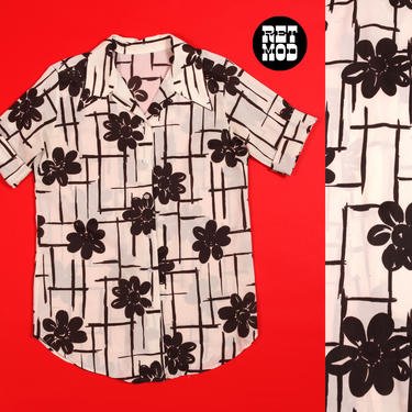 Vintage 60s 70s Black &amp; White Floral Geometric Button Down Shirt 