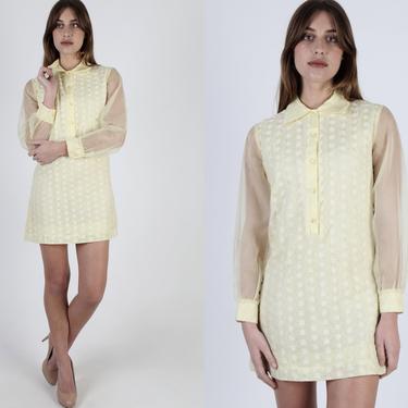 60s Yellow Micro Mini Dress / Vintage 1960s Mod Scooter Dress / Chiffon Floral Go Go Dress / Cocktail Party Wide Lace Collar Shift Dress 