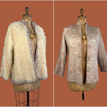 TWO FOR ONE Vintage Reversible Sheep Fur Chubby Jacket | Bohemian Boho Tapestry Sheepskin Asian Style Mandarin Collar Coat | Medium Large 