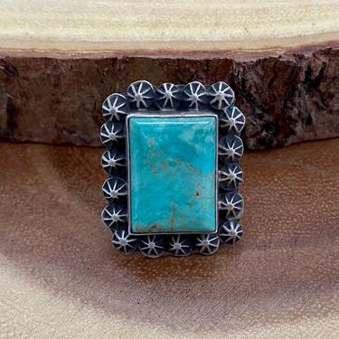 CACTUS GREEN Square Green Turquoise Sterling Ring | Vintage Style Ring | Large Statement Ring | Native American,  Boho | Size 7 1/2 