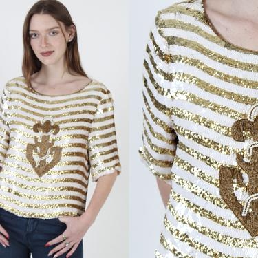 Vintage 80s Nautical Sequin Top / Gold Striped Sequin Blouse / 1980s Pearl Beaded Anchor Cocktail Evening Womens Blouse 