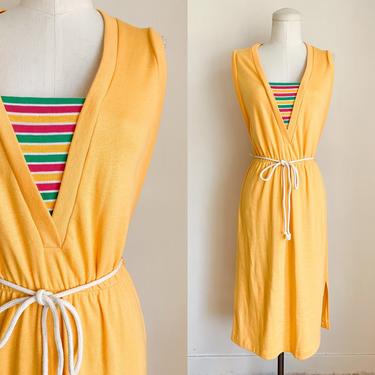 Vintage 1980s Yellow Striped Jersey Dress / S 