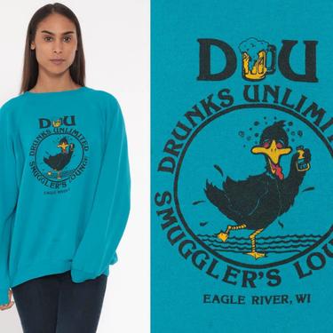 Drunk Duck Sweater Eagle River, Wisconsin Sweatshirt 80s Joke Smuggler's Lounge Jumper Hanes Raglan 1980s Pub Drinking Party Extra Large XL 