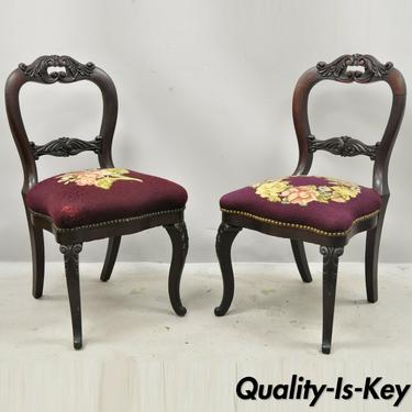 American Eastlake Victorian Carved Mahogany Needlepoint Side Chairs - a Pair