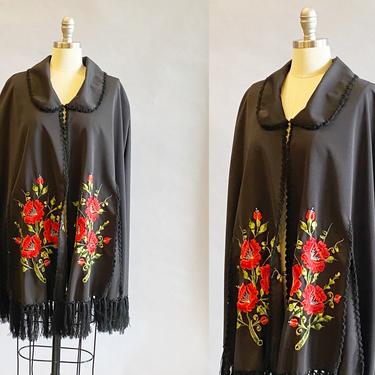 1970s Embroidered Black Cape / Fringed Cape / Red Floral Cape / Cape with Fringe / Size One Size 
