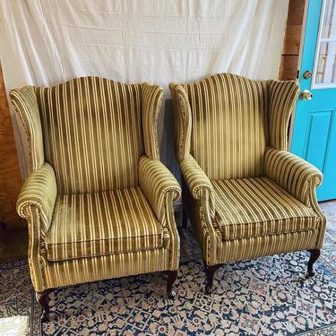 Pair of Stunning Olive Striped Wingback Chairs 