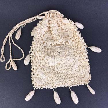 Vintage White Crochet Purse Handbag Victorian 1920s Boho Wedding 