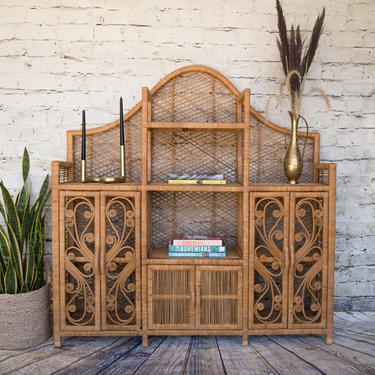 SHIPPING NOT FREE!!! Vintage Peacock Rattan  Cabinet / Wicker Hutch 