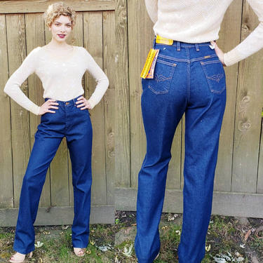 1970s Blue Jeans Lady Maverick Dark Wash / 70s High Rise Extra Long Leg Creased Indigo Stretch Denim Pants Deadstock New Old Stock  /Sidonie 