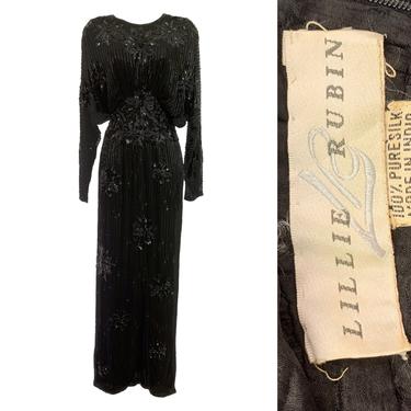 Vtg Vintage 1980s 80s Black Beaded Designer Lillie Rubin Exposed Back Gown 