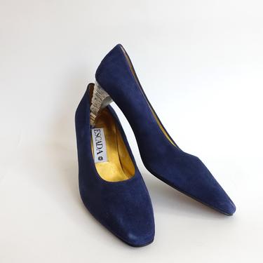 Vintage 80s Escada Blue Suede Pumps with Carved Silver Heel/ 1980s Italian Glove Shoe Heels/Navy Blue/Bridal Wedding/ Size 7 
