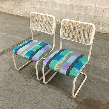 LOCAL PICKUP ONLY Vintage Daystrom Chairs Retro 1970's Marcel Breuer Style White Metal Dining Chairs Blue Printed Fabric Set of 2 Matching 