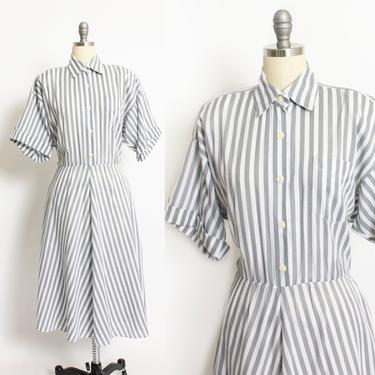 Vintage 1980s Dress  - Gray Striped Full Skirt Shirt Front Pockets 80s - Medium 