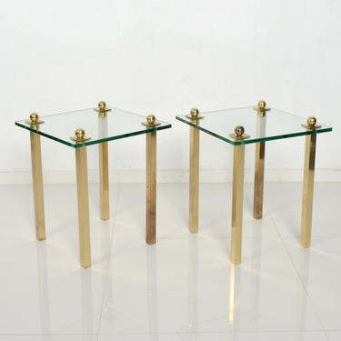 MidCentury Modern Regency Pair of Brass with Glass Side Tables 
