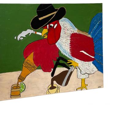 Vintage Original Painting Chicken Gin Tequila Coffee Signed Funky Blue Green Yellow Brown Red 