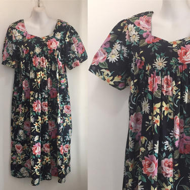 Vintage 80's Dark Floral ROSE CHINZ Print HOUSE Dress / Smocked + Pockets + Volume / Sita / S 