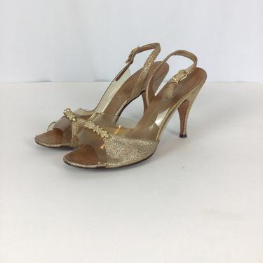 Vintage 50s shoes | Vintage gold glitter sling back heels | 1950s Mr Jerro footwear 