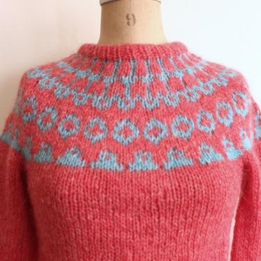 70s fair isle yolk sweater - vintage '70s hand knit sweater / 1970s 80s wool holiday sweater - hand knit wool sweater / childs L / ladies xs 