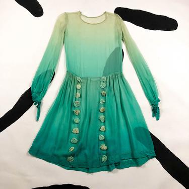 1920s Turquoise Ombre Dip Dyed Silk Drop Waist Dress / Sheer / Rosettes / Day Dress / Tea / Antique / Fragile / Delicate / Teal / Green / 