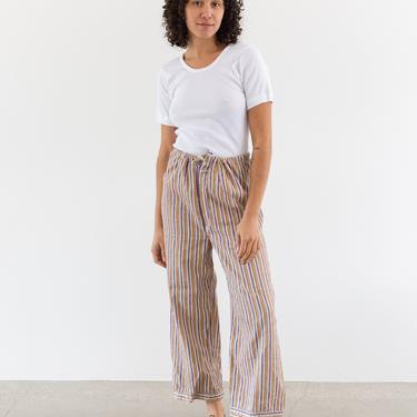 Vintage 26-36 Waist Stripe Flannel Drawstring Easy Pant | Beige Orange Blue High Waist Holiday Cotton Pajama Pants | FL030 