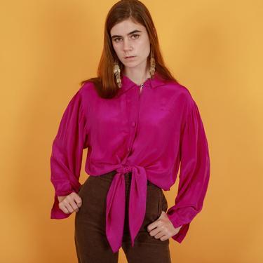 80s Purple Tie Silk Blouse Vintage Button Down Oversize Top 