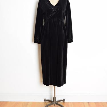 vintage 90s dress Laura Ashley black velvet beaded babydoll maxi long sleeve M clothing 
