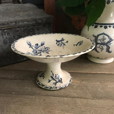 French Faïence Compote, Indigo, Ironstone, Opaque Gien, Cactus, Floral Pattern, Fruit Bowl, Pedestal, Tea Stained 