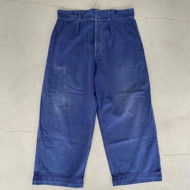 Vintage 40 Waist Sun Faded Blue French Workwear Trousers | Unisex Cotton Pants | Sourced in France | 