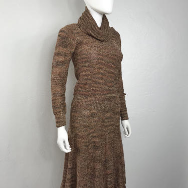 Vtg 70s bronze copper metallic lurex knit 2 piece skirt sweater set SM 