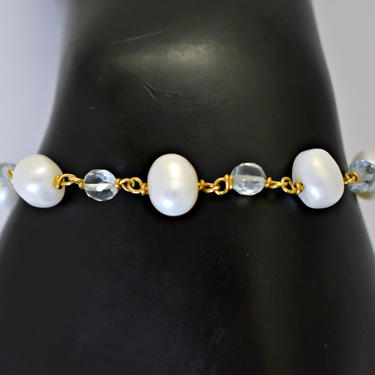 60's aquamarine pearl 14k gold filled metal princess bling bracelet, elegant mid-century potato pearls blue gemstones &amp; GF links bracelet 
