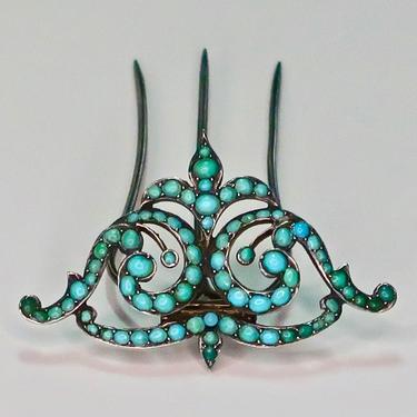 Georgian Pave Turquoise Fleur-de-Lis Scroll Hinged Hairpin, Regency Hair Comb, Antique Comb, Hair Jewelry, Bridal Comb, Hair Ornament 
