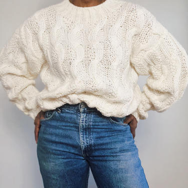 Vintage 1980s 1990s 90s Cream Cable Knit Chunky Oversized Sweater Pullover Long Knit Jumper Ivory Light Mohair Acrylic Crew Neck Large 