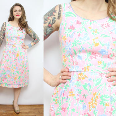 Vintage 70's Pink Floral Sun Dress / 1970's Spring Flowers Dress / SEAWAVES Dress / Summer Dress / Women's Size Medium 