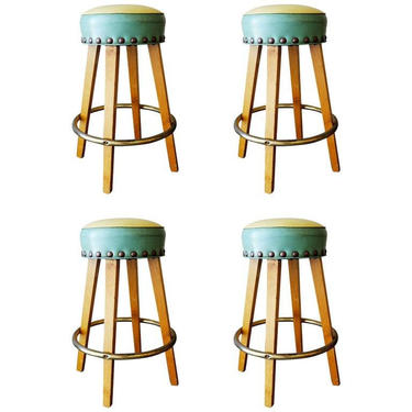 Mid-Century Large Nail Head Bar Stools with Brass Footrest, Set of 4 