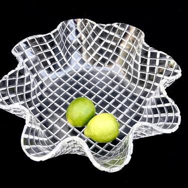 Vintage Lucite Acrylic Geometric Cut Large Ruffled Curved Serving Bowl | 14.5&amp;quot; Faceted Centerpiece |  Clear Fruit Bowl 