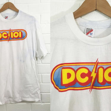 Vintage White DC101 T-Shirt 90s Yellow White 1990s Summer Short Sleeve 101 Radio Station Hipster Retro Washington DC District Extra Large XL 