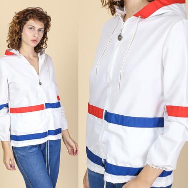 70s Mod Red White & Blue Striped Windbreaker - Small | Women's Weather Tamer Lightweight Hooded Jacket 