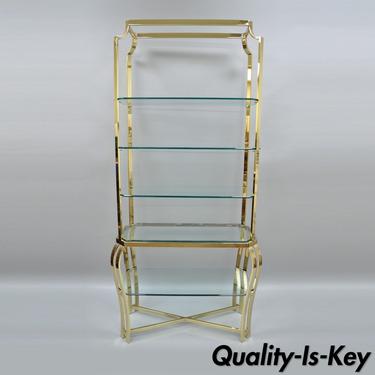 Hollywood Regency Brass &amp; Glass Etagere Gold Bookcase Milo Baughman Style 80"H